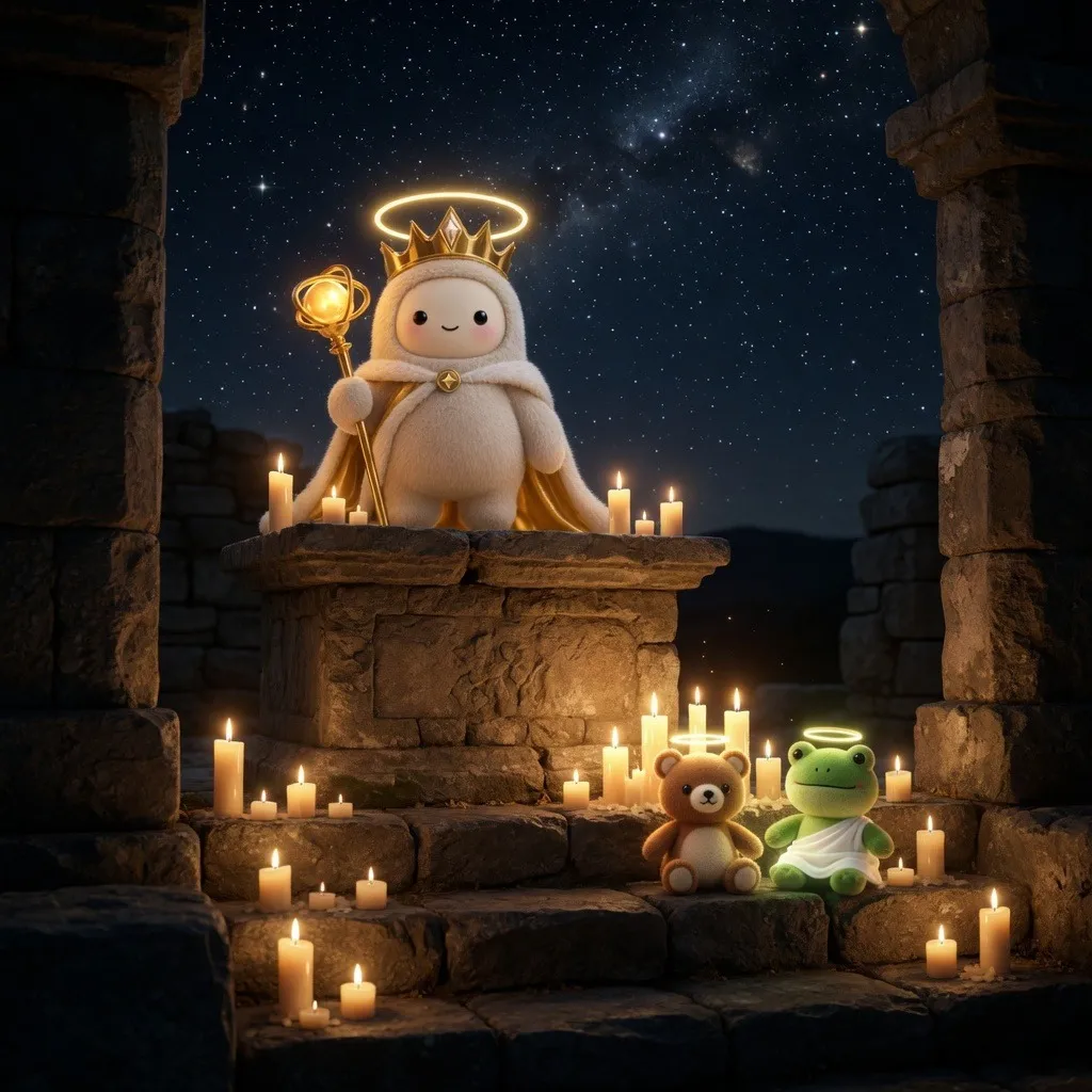The god on an open-air stone altar under the stars, ringed by candles, with a haloed bear and a frog in a toga at its feet