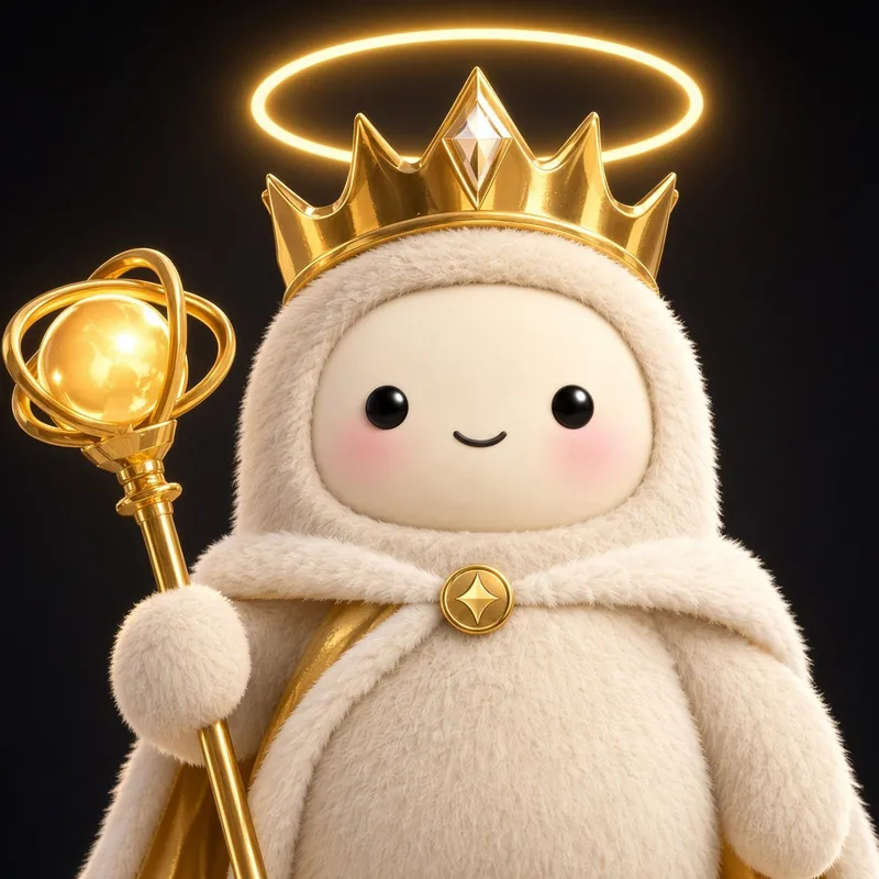 The MUSEGOD, a cream plush god with a gold crown, halo and orb sceptre