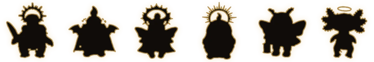 Six veiled shapes outlined in gold, waiting for bodies
